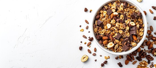 Aufkleber - Granola cereal with chocolate and nuts presented on a white background with copy space image