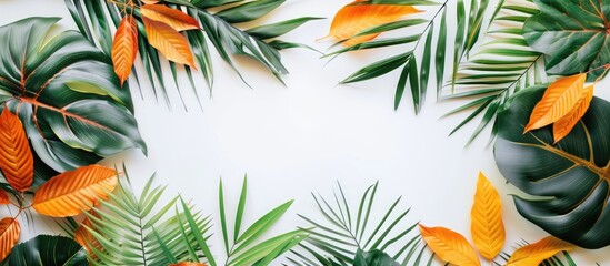 Poster - Frame made of autumn foliage on white background for tropical feel flat lay Top view with natural photography for a copy space image