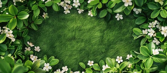 Poster - Green leaves framing a copy space image with blossoms viewed from the top on a grassy border in the spring providing a blank template for text in a flat lay composition
