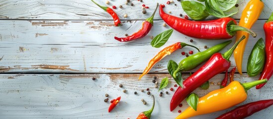Poster - Various colorful hot chili peppers on a light wooden table perfect for cooking spicy dishes Top view of kitchen ingredients with a copy space image