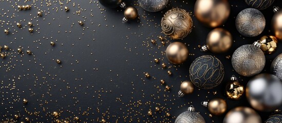 Poster - Silver and gold Christmas baubles scattered on a black background with copy space image
