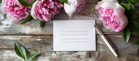 Poster - A card mockup featuring peonies an ink pen and a rustic craft setting with copy space image