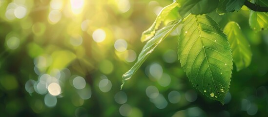 Aufkleber - Nature view featuring a green leaf against a blurry green background in a garden illuminated by sunlight offering a copy space image with a lush natural landscape theme