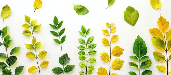 Aufkleber - Green and yellow leaves set on a white backdrop for use in background or interior design ideal for a copy space image