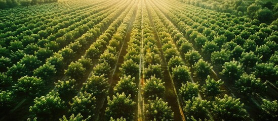 Aufkleber - A wide expanse of apple orchards in an aerial shot captured in a high quality copy space image