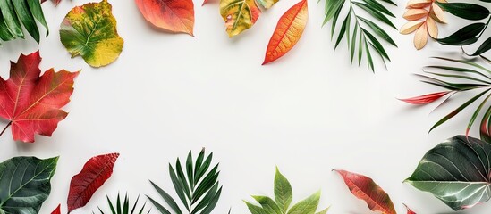 Poster - Frame made of autumn foliage on white background for tropical feel flat lay Top view with natural photography for a copy space image