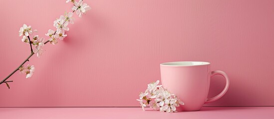 Aufkleber - Pink cup with a white flower branch on a pink backdrop providing space for text or other elements in the composition. copy space available