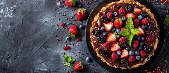 Poster - Classic dessert a sweet cottage cheese cake pie with fresh berries and chocolate topping on a black concrete table with ample copy space image