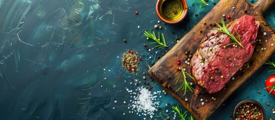 Poster - A large piece of beef is on a cutting board with spices like salt pepper and olive oil placed around it creating a vibrant copy space image