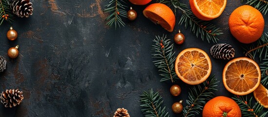 Fototapete - Top down view of a New Year card featuring balls and oranges with copy space image