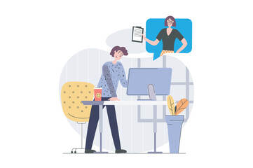 Poster - Back to school concept in modern flat design for web. Student learning online and watching video lessons with explaining teacher, studying distantly, doing homework at computer. Vector illustration.