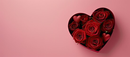 Poster - A Women s Day card featuring red roses a heart shaped box set against a pink background with space for a personalized message in a copy space image
