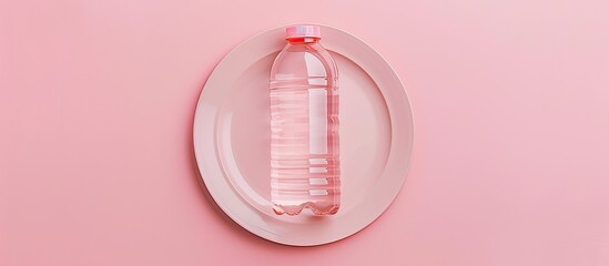 Poster - Unhealthy consumption concept illustrated with a plastic bottle placed on a plate against a pink background The image includes copy space Top view flat lay