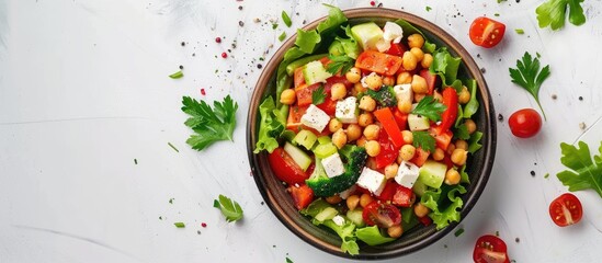 Poster - Top down view of a homemade vegan chickpea salad featuring fresh vegetables and vegan cheese with available copy space in the image