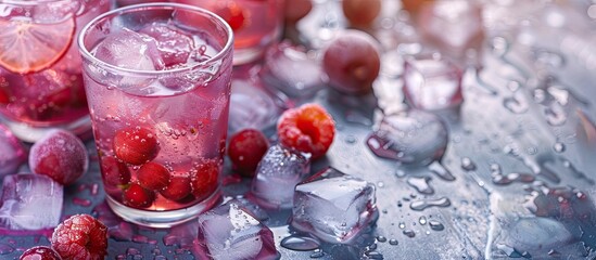 Aufkleber - Gooseberry summer drink with berries and ice cubes on a table featuring a close up view and copy space image