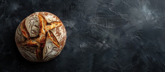 Poster - A top down photo of a crusty sourdough loaf on a dark backdrop with space for text or design elements ideal as a food related copy space image