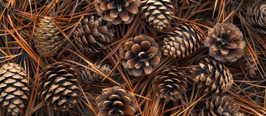 Poster - Pinecones resting on a bed of pine needles creating a natural backdrop for a copy space image