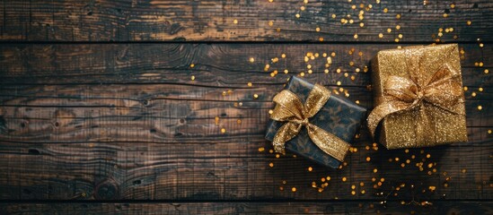 Poster - Gift box filled with sparkly items placed on an old wooden surface with ample copy space image