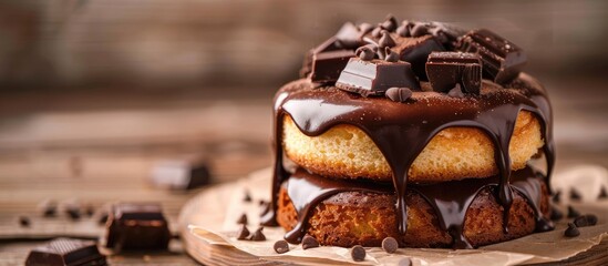 Poster - Sponge cake topped with chocolate displayed on a wooden table with copy space image
