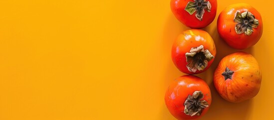 Poster - Juicy ripe persimmons with ample copy space image on a vibrant yellow surface