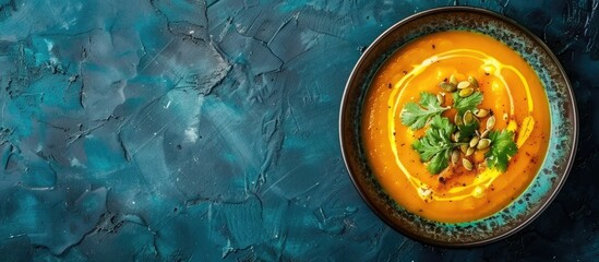 Aufkleber - Copy space image of a top view pumpkin and carrot cream soup complemented with cilantro sauce and seeds