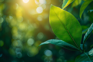 Close up of nature view green leaf on blurred greenery background under sunlight with bokeh and copy space using as background natural plants landscape  ecology wallpaper or cover concept. 