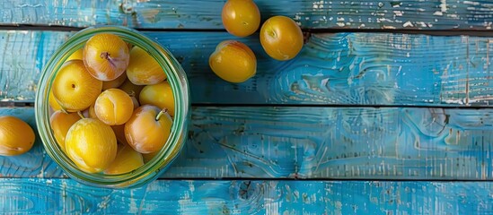 Poster - A top down view of organic yellow plums in a glass jar on a blue wooden surface perfect as a bio healthy food background with copy space image