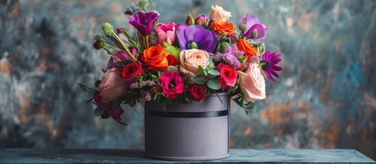 Aufkleber - Vibrant bouquet of flowers displayed in a stylish gray hat box Perfect floral arrangement great as a gift for a woman ideal for showcasing in a color catalog image with copy space