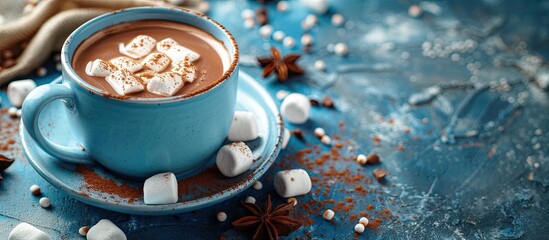 Aufkleber - Early morning blue cup with hot chocolate topped with tasty marshmallows in a copy space image