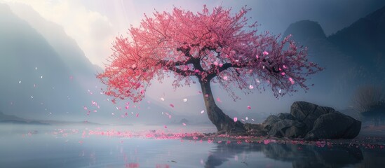 Aufkleber - Spring features a blossoming sakura tree adorned with pink flowers creating a serene copy space image