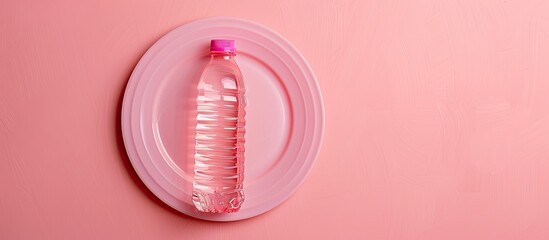 Poster - Unhealthy consumption concept illustrated with a plastic bottle placed on a plate against a pink background The image includes copy space Top view flat lay