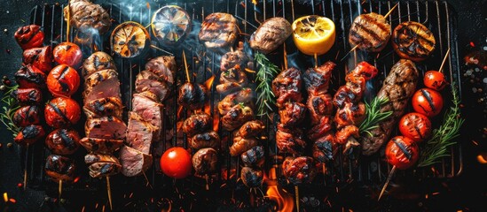 Poster - A variety of tasty grilled meats and vegetables over hot coals on a barbecue with copy space image