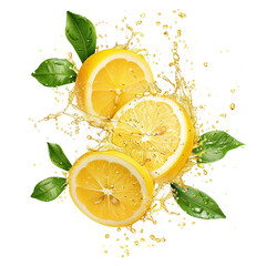 Wall Mural - Fresh delicious lemons splashing with leaves, cut out