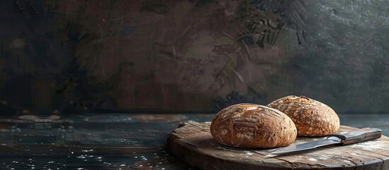 Poster - Dark grain bread and a knife rest on a wooden board against a dark background creating a rustic composition with copy space image