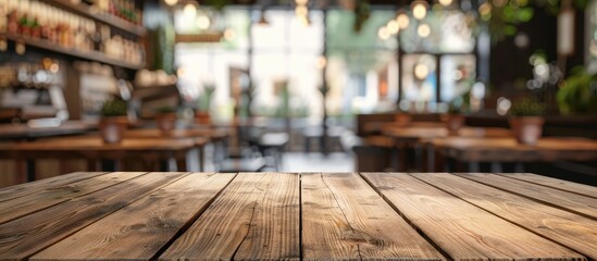 Poster - Empty brown wooden table with a blurred coffee shop background perfect for product display or photomontage with copy space image