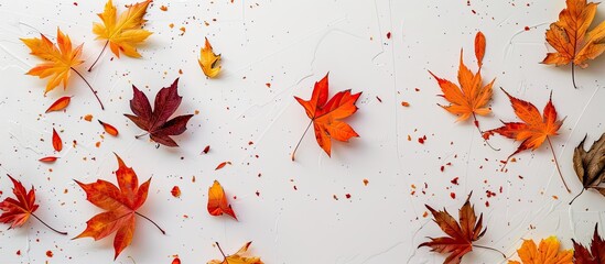 Poster - Top view of multicolored autumn leaves isolated on a white background with a falling orange leaf and copy space image for an autumn themed background