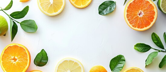 Poster - Various sliced citrus fruits and leaves arranged on a white table in a flat lay style with room for text on the image. copy space available