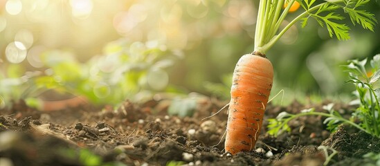 Poster - Selective focus on a freshly harvested carrot in the garden with copy space image