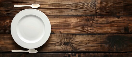 Poster - A wooden table displaying a white plate with ample copy space image