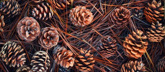 Poster - Pinecones resting on a bed of pine needles creating a natural backdrop for a copy space image