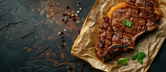 Poster - Beef steak placed on parchment paper against a dark background with copy space image available