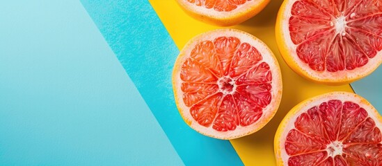 Poster - Top view of vibrant grapefruit slices on a colored background creating a creative summer concept A half of the citrus fruit is displayed in a minimalistic flat lay with copy space image