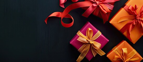 Poster - Gift boxes with colorful ribbons on black background seen from above providing copy space image