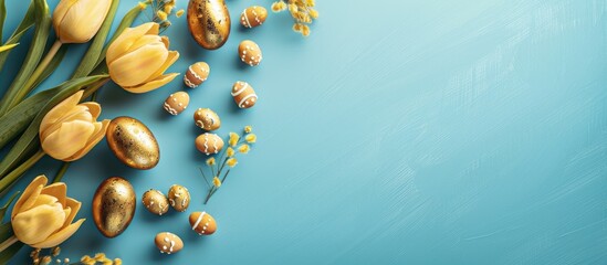 Aufkleber - A stunning composition with Easter themed golden eggs yellow tulips and painted wooden eggs on a blue background offering ample copy space for text creating a beautiful greeting card template