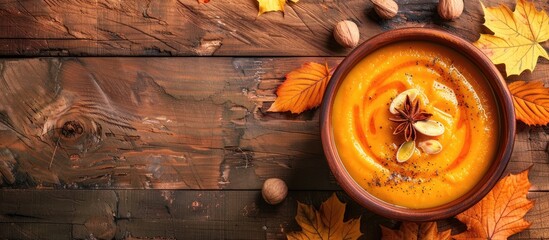 Poster - View from the top of a fall themed vegetarian pumpkin cream soup perfect for the season with ample copy space in the image