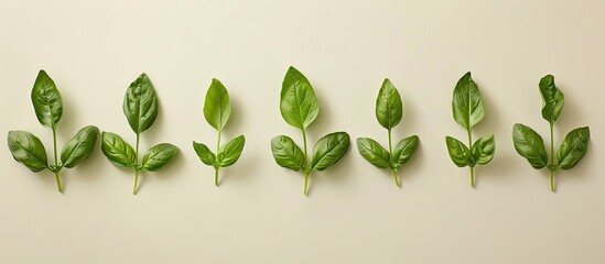 Poster - Basil leaves arranged neatly against a plain white backdrop perfect for a copy space image
