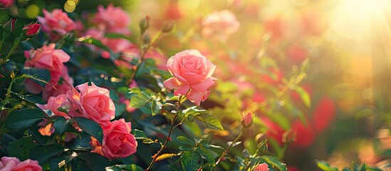 Poster - Vibrant pink roses blooming in the sun within a garden filled with green leaves providing an ideal copy space image