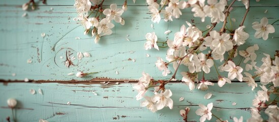 Sticker - Overhead view of a white cherry blossom tree in spring against a soft mint wooden backdrop with copy space image