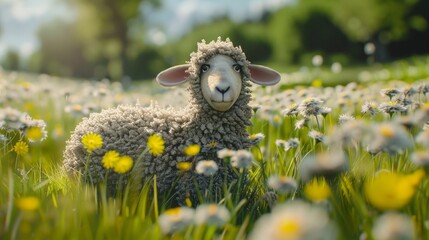 Poster - Cute fluffy sheep standing in a meadow full of wildflowers. This pastoral and tranquil scene captures a moment in nature. Ideal for use in nature-themed projects or agricultural promotions. AI