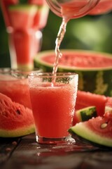 Wall Mural - Glass of juice and fresh sweet ripe watermelon on table